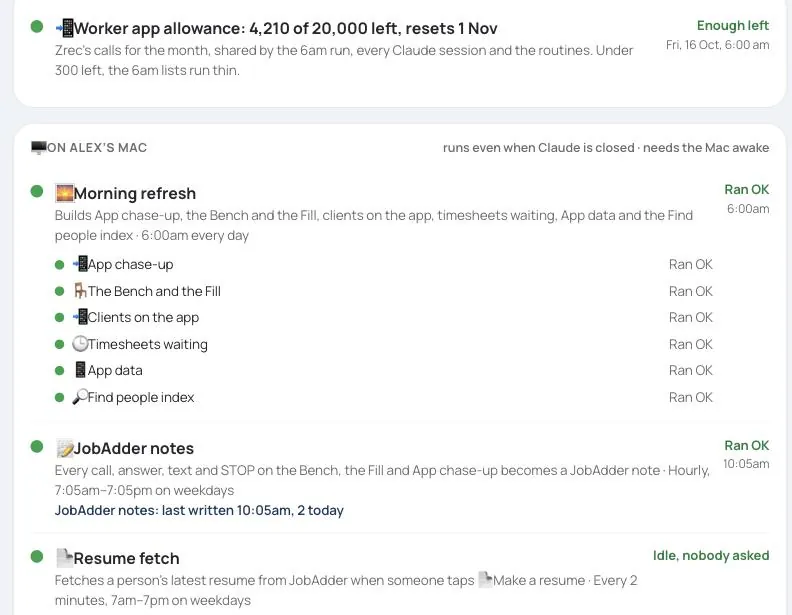 Automations: the Worker app allowance line with a green light, then the Morning refresh with six steps that ran OK, JobAdder notes last written at 10:05am, and the resume fetch.