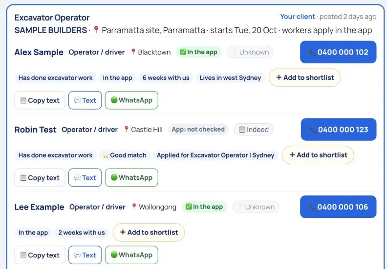 The Fill: an Excavator Operator job at a made-up client with three people lined up, each with their suburb, app status, reasons they fit, a call button, and Copy text, Text and WhatsApp buttons.